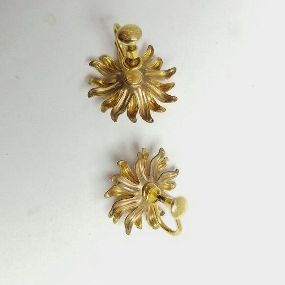 Vintage Gold Filled Floral Sun Shaped Rhinestoen Center Clip On Earrings - Picture 3 of 7